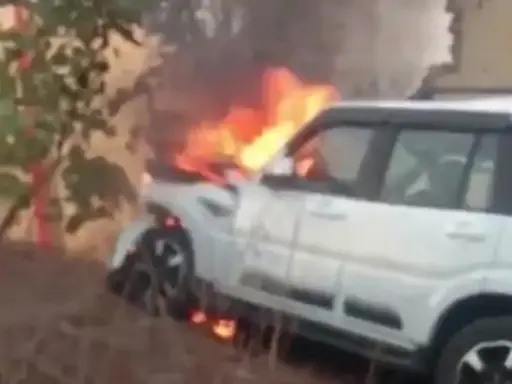 गाय को बचाने में विधायक की स्कॉर्पियो हादसे का शिकार, टक्कर के बाद लगी आग, बाल-बाल बचे तीनों सवार