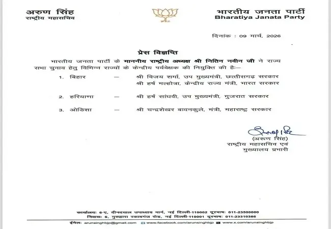 राज्यसभा चुनाव: भाजपा ने बिहार के लिए नियुक्त किए दो पर्यवेक्षक, 16 मार्च को होगा मतदान