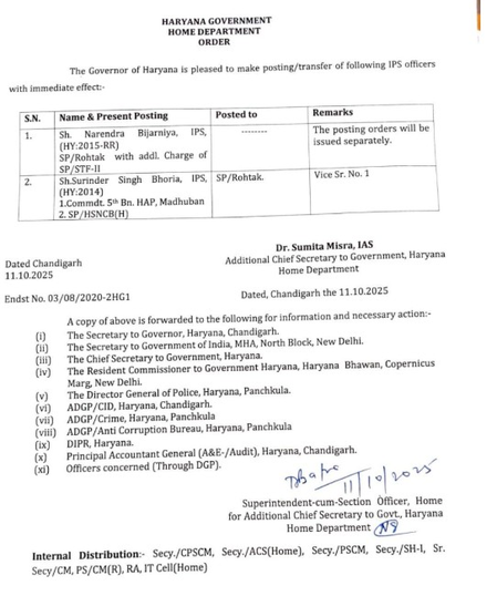 आईपीएस अधिकारी वाई पूरन कुमार खुदकुशी मामले में बड़ा एक्शन, पद से हटाए गए रोहतक के एसपी