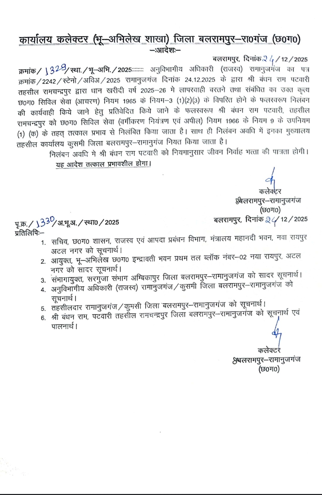 बलरामपुर : धान खरीद व निर्वाचन कार्य में लापरवाही करने वाले दो पटवारी निलंबित