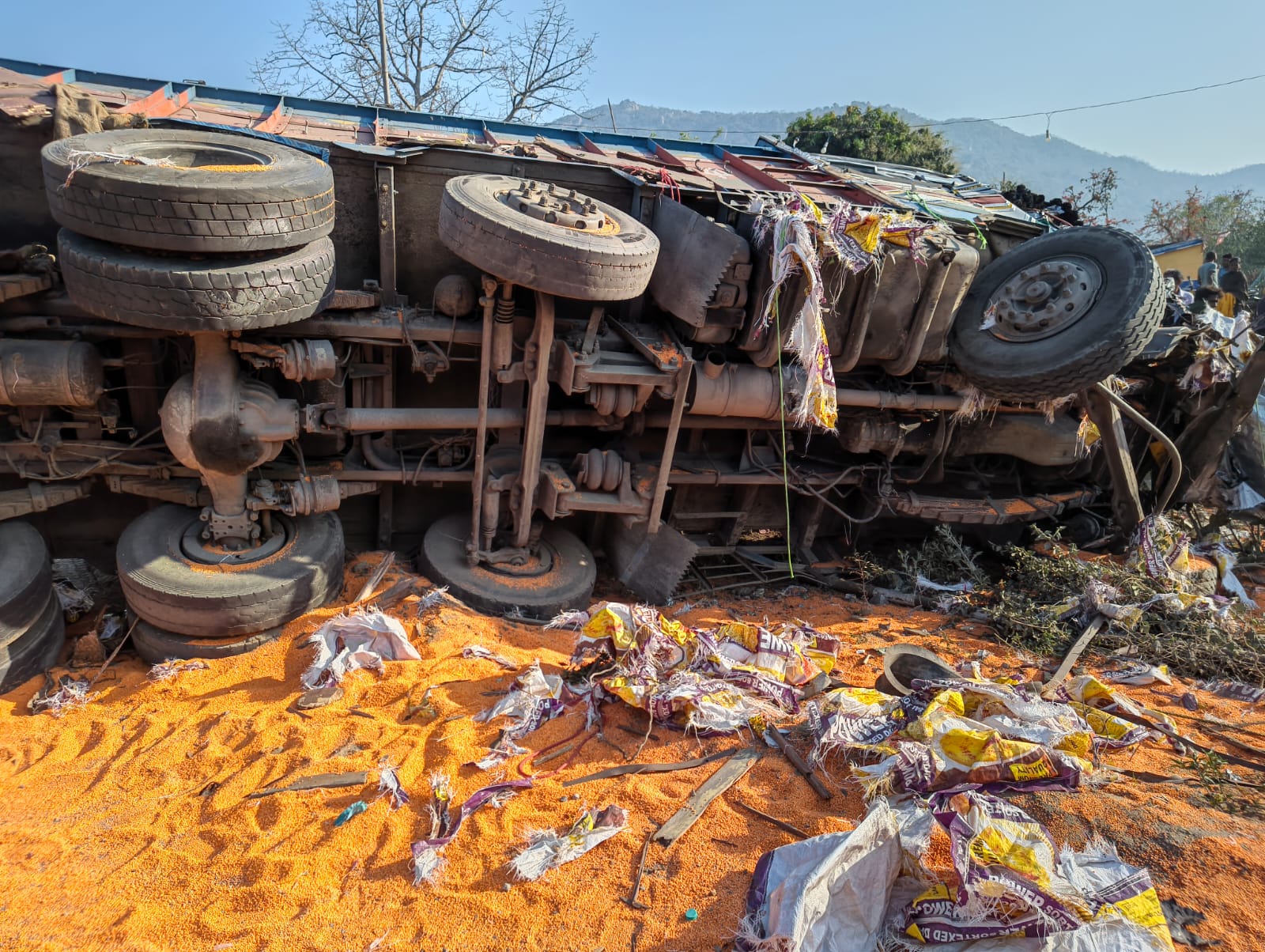 कोडरमा घाटी में दो ट्रकों की टक्कर, मदद की जगह बिखरी दाल लूटने की होड़